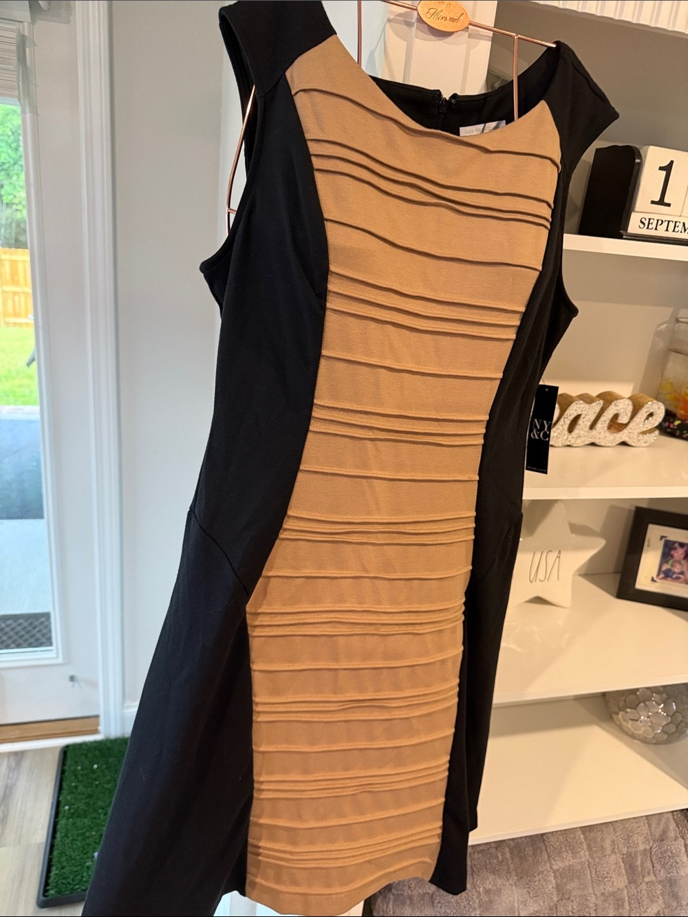 New York & Company Black and Camel Paneled Midi Dress